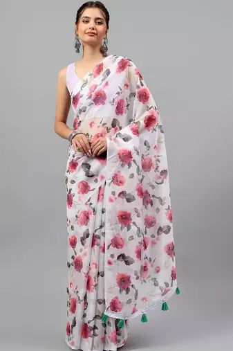 White chiffon printed saree with blouse