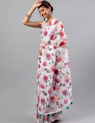 White chiffon printed saree with blouse 2