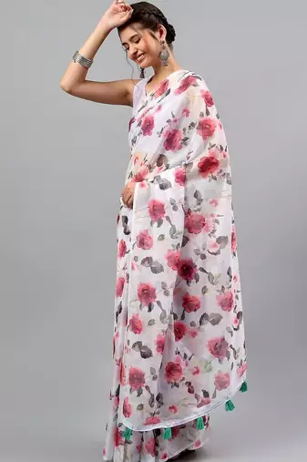 White chiffon printed saree with blouse