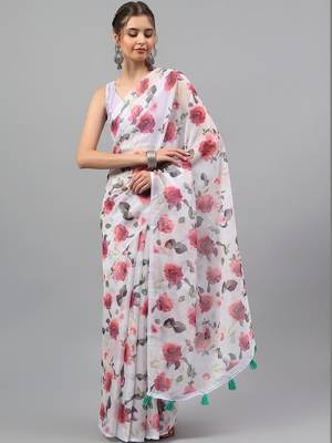White chiffon printed saree with blouse 3