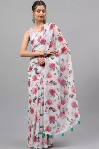 White chiffon printed saree with blouse