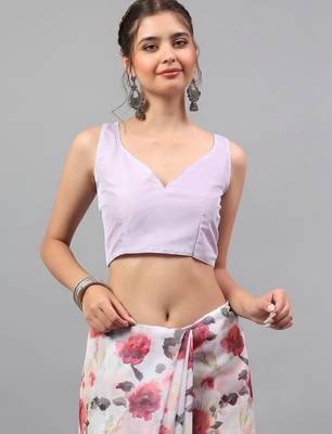 White chiffon printed saree with blouse 4