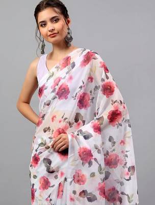 White chiffon printed saree with blouse 5