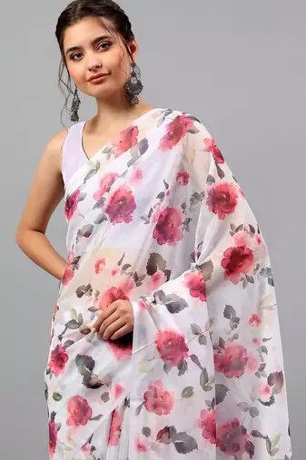 White chiffon printed saree with blouse