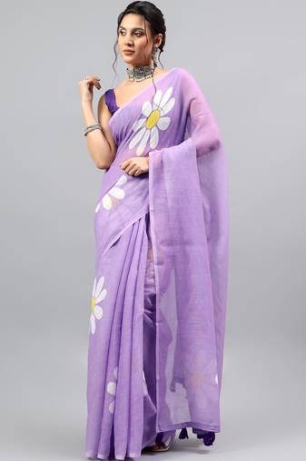 Lavender linen printed saree with blouse