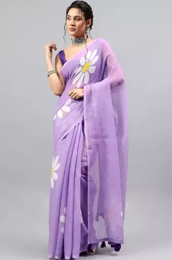 Lavender linen printed saree with blouse