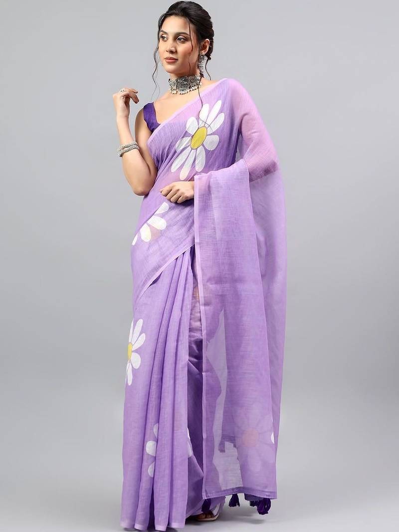 Lavender linen printed saree with blouse