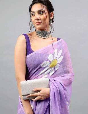 Lavender linen printed saree with blouse 2
