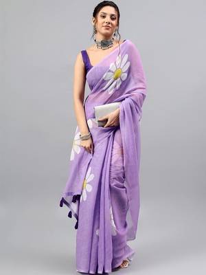 Lavender linen printed saree with blouse 3