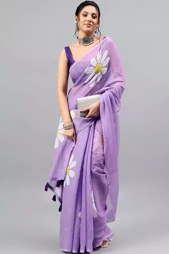 Lavender linen printed saree with blouse
