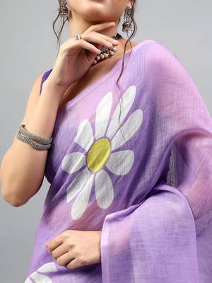 Lavender linen printed saree with blouse 4