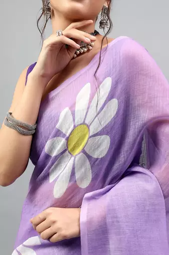 Lavender linen printed saree with blouse