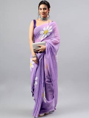 Lavender linen printed saree with blouse 5