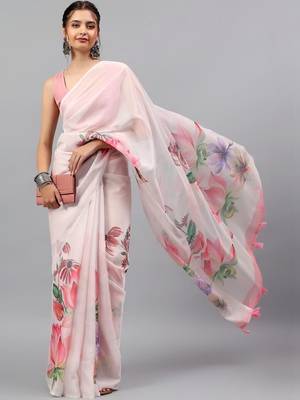 Pink chiffon printed saree with blouse 1