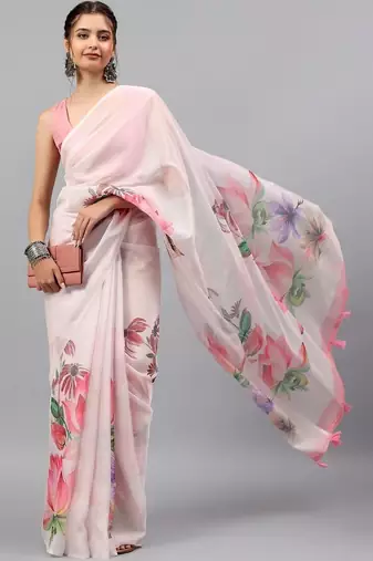 Pink chiffon printed saree with blouse