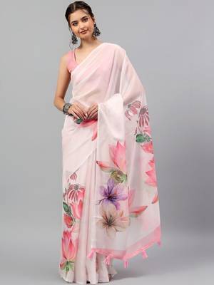 Pink chiffon printed saree with blouse 2