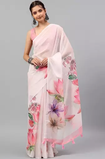 Pink chiffon printed saree with blouse