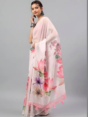 Pink chiffon printed saree with blouse 3
