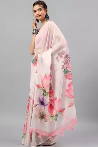 Pink chiffon printed saree with blouse