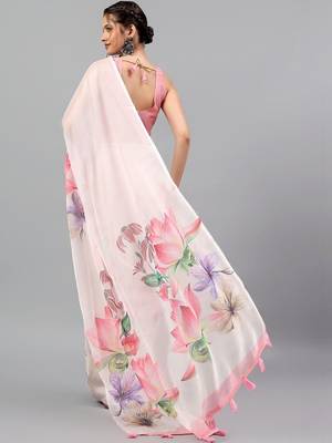 Pink chiffon printed saree with blouse 4