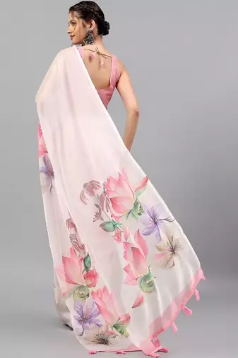 Pink chiffon printed saree with blouse
