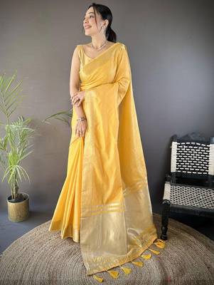 Yellow silk blend woven design saree with blouse 1