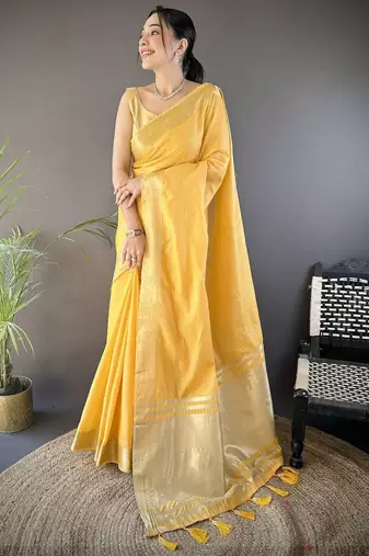 Yellow silk blend woven design saree with blouse
