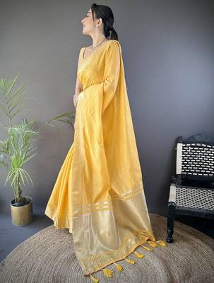Yellow silk blend woven design saree with blouse 2