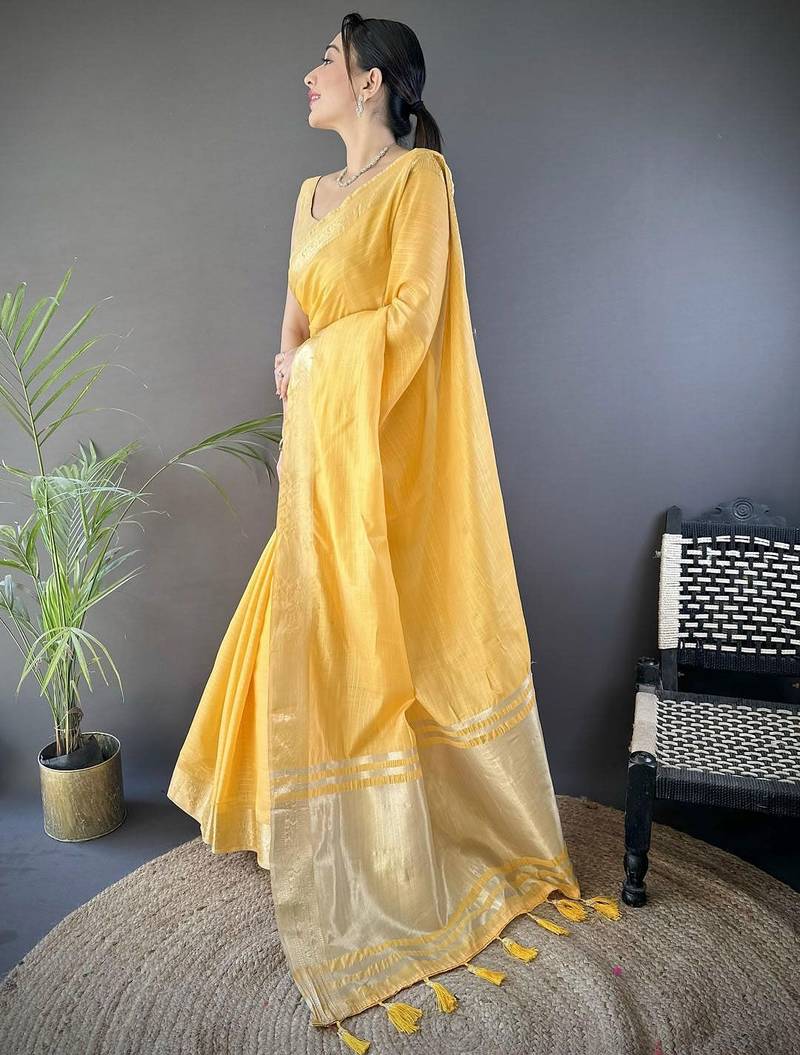 Yellow silk blend woven design saree with blouse