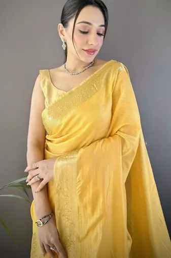 Yellow silk blend woven design saree with blouse