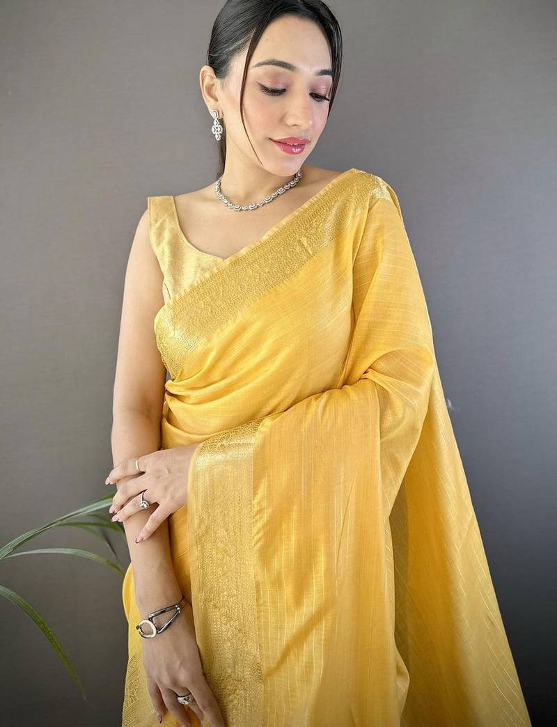 Yellow silk blend woven design saree with blouse