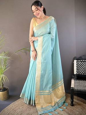 Turquoise silk blend woven design saree with blouse 1