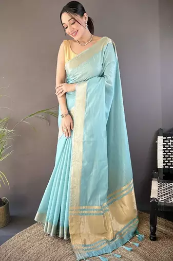 Turquoise silk blend woven design saree with blouse