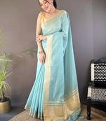 Turquoise silk blend woven design saree with blouse