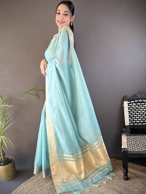Turquoise silk blend woven design saree with blouse 2