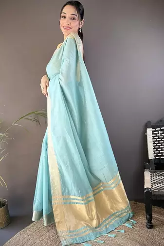 Turquoise silk blend woven design saree with blouse
