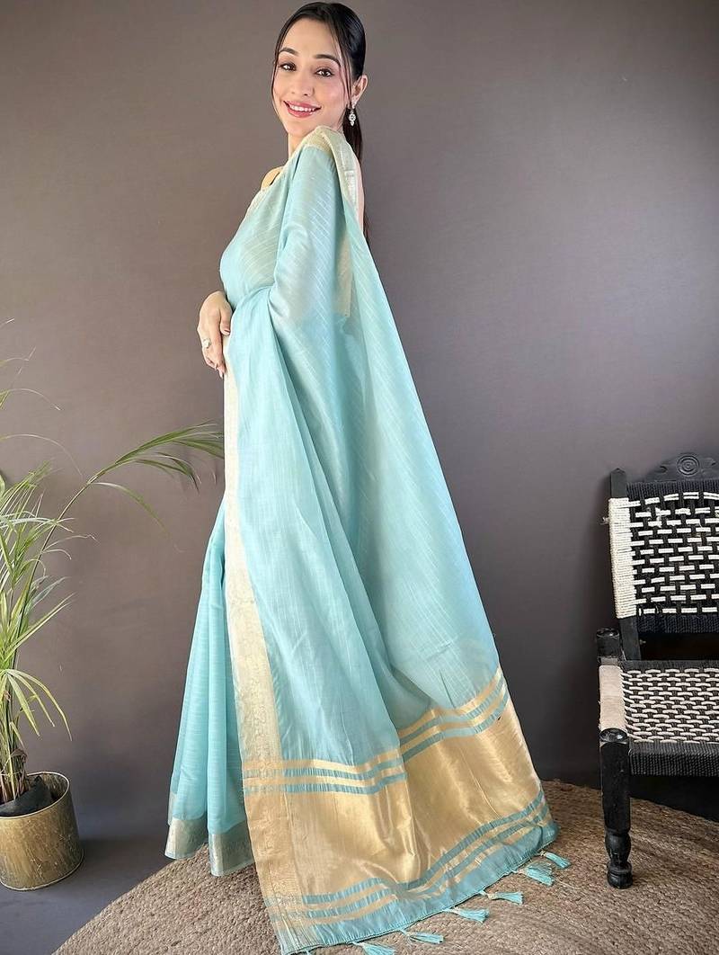 Turquoise silk blend woven design saree with blouse