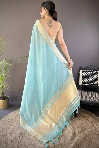 Turquoise silk blend woven design saree with blouse