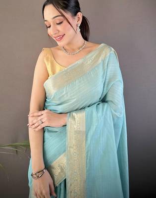 Turquoise silk blend woven design saree with blouse 4