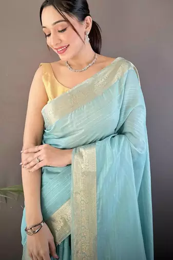 Turquoise silk blend woven design saree with blouse