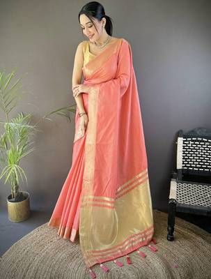 Peach silk blend woven design saree with blouse 1