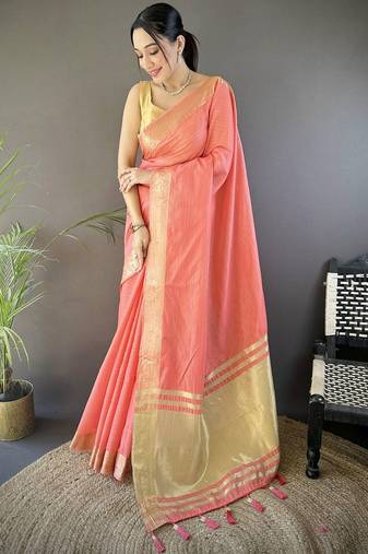 Peach silk blend woven design saree with blouse