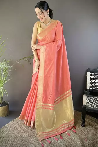 Peach silk blend woven design saree with blouse