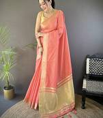Peach silk blend woven design saree with blouse