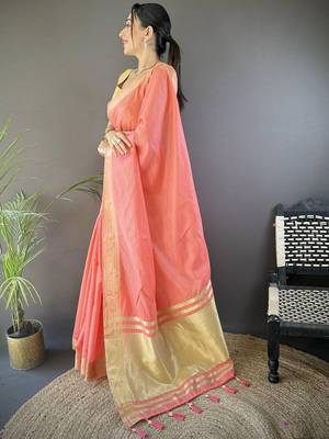 Peach silk blend woven design saree with blouse 2