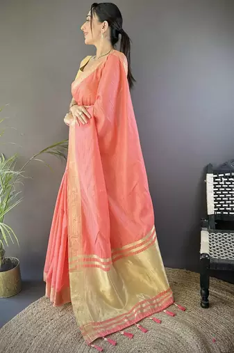 Peach silk blend woven design saree with blouse