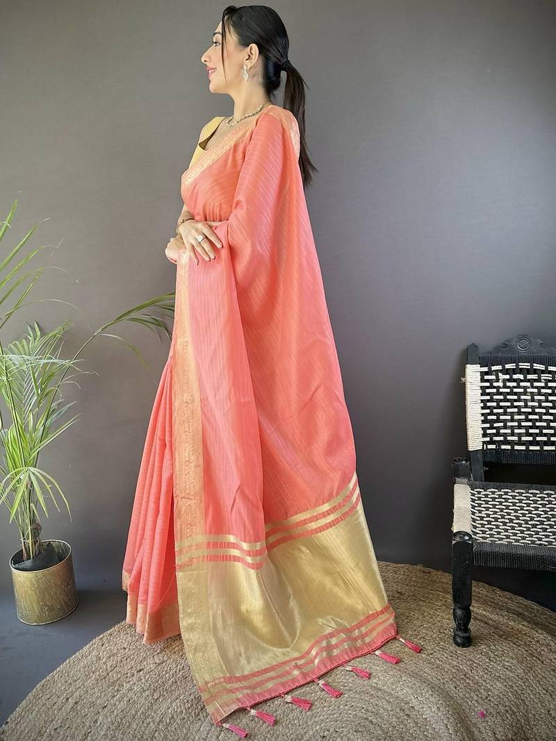 Peach silk blend woven design saree with blouse