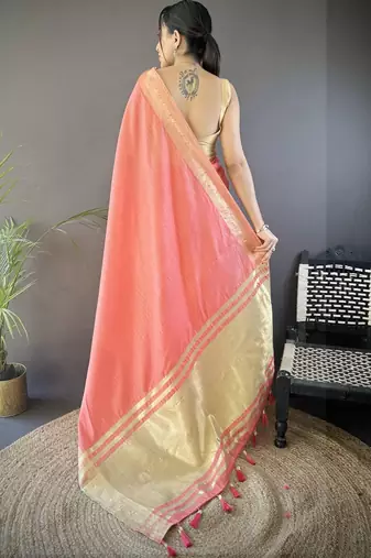 Peach silk blend woven design saree with blouse