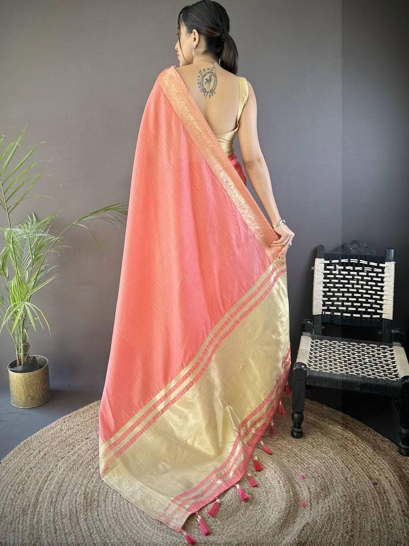 Peach silk blend woven design saree with blouse