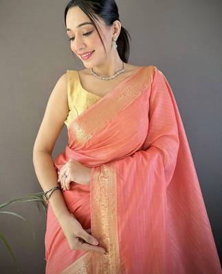 Peach silk blend woven design saree with blouse 4